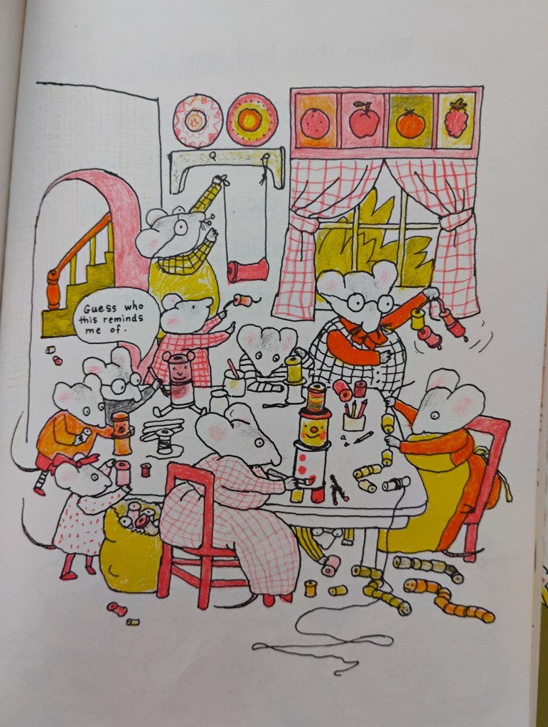 illustration from p. 35 of What Can You Make Of It? (field mouse family making crafts at dining room table, 1977 picture book by Franz Brandenberg, illustrated by Aliki)